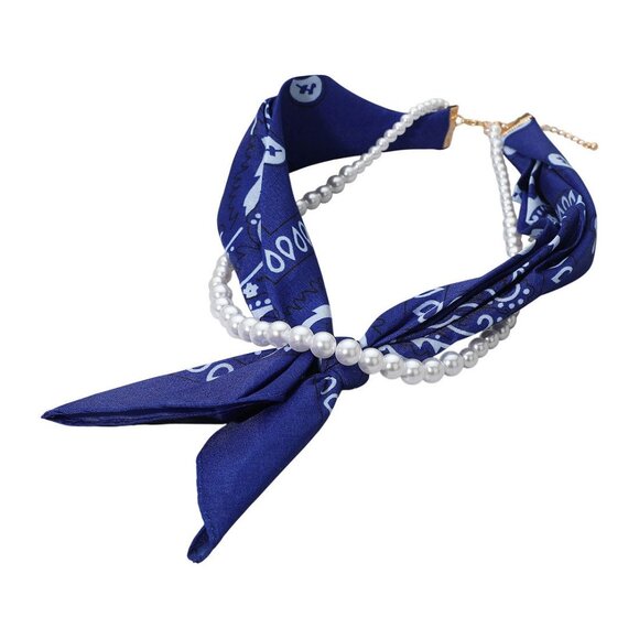 Tigerstars Blue Fabric Bandana Scarf Pearl Layered Necklace - Picture 2 of 2